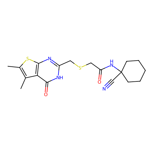 N-(1-cyanocyclohexyl)-2-[({5,6-dimethyl-4-oxo-3H,4H-thieno[2,3-d]pyrimidin-2-yl}methyl)sulfanyl]acetamide structure