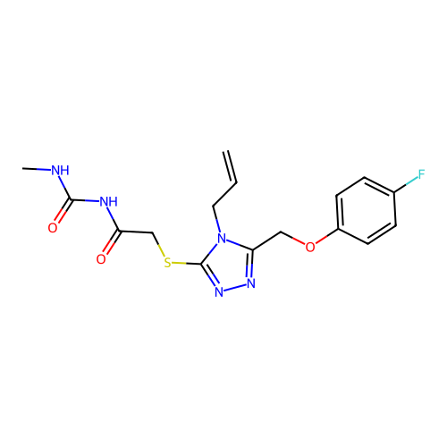 2-[[5-[(4-fluorophenoxy)methyl]-4-prop-2-enyl-1,2,4-triazol-3-yl]sulfanyl]-N-(methylcarbamoyl)acetamide structure