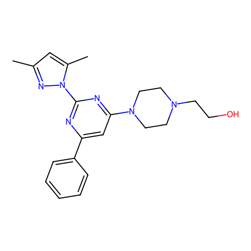2-(4-(2-(3,5-dimethyl-1H-pyrazol-1-yl)-6-phenylpyrimidin-4-yl)piperazin-1-yl)ethanol structure