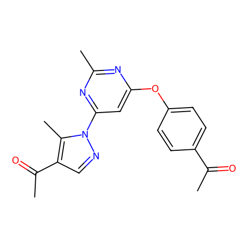 1-(4-{[6-(4-acetyl-5-methyl-1H-pyrazol-1-yl)-2-methylpyrimidin-4-yl]oxy}phenyl)ethanone structure