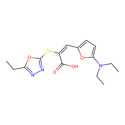 (E)-3-(5-diethylamino-2-furyl)-2-[(5-ethyl-1,3,4-oxadiazol-2-yl)sulfanyl]prop-2-enoic Acid structure