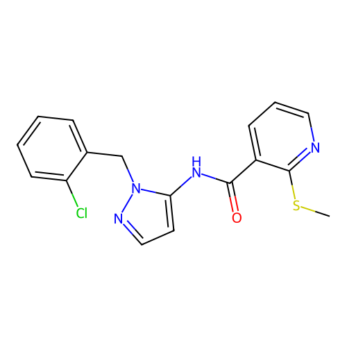 N-[2-[(2-chlorophenyl)methyl]pyrazol-3-yl]-2-methylsulfanylpyridine-3-carboxamide structure