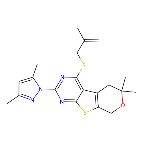 2-(3,5-dimethyl-1H-pyrazol-1-yl)-6,6-dimethyl-4-((2-methylallyl)thio)-6,8-dihydro-5H-pyrano[4',3':4,5]thieno[2,3-d]pyrimidine structure