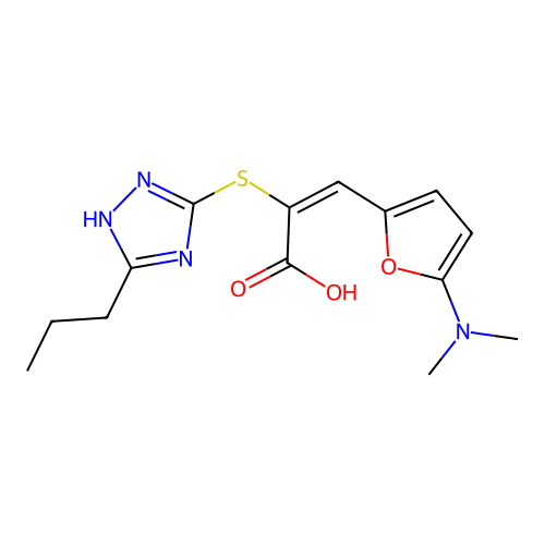 (E)-3-(5-dimethylamino-2-furyl)-2-[(5-propyl-1H-1,2,4-triazol-3-yl)sulfanyl]prop-2-enoic Acid structure