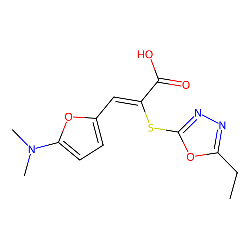 (Z)-3-(5-dimethylamino-2-furyl)-2-[(5-ethyl-1,3,4-oxadiazol-2-yl)sulfanyl]prop-2-enoic Acid structure