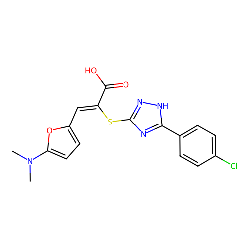 (Z)-2-[[5-(4-chlorophenyl)-1H-1,2,4-triazol-3-yl]sulfanyl]-3-[5-(dimethylamino)furan-2-yl]prop-2-enoic acid structure