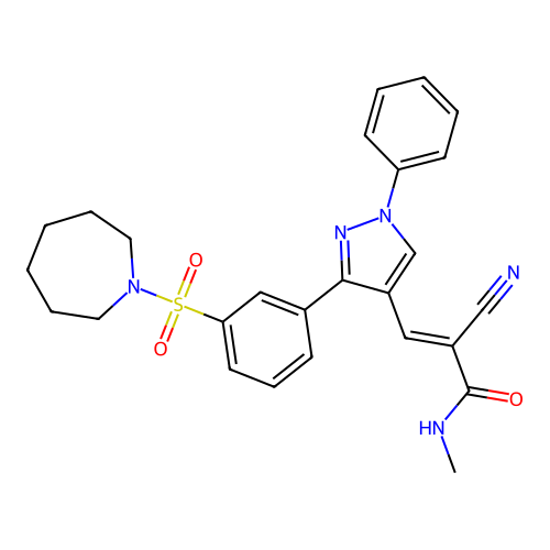 (2E)-3-{3-[3-(azepan-1-ylsulfonyl)phenyl]-1-phenyl-1H-pyrazol-4-yl}-2-cyano-N-methylprop-2-enamide structure