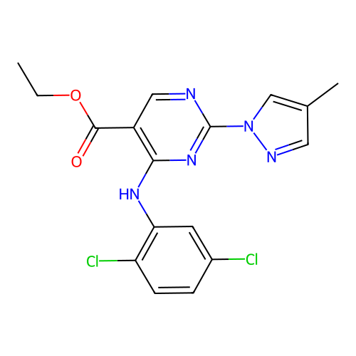 ethyl 4-((2,5-dichlorophenyl)amino)-2-(4-methyl-1H-pyrazol-1-yl)pyrimidine-5-carboxylate structure