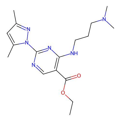 Ethyl 4-(3-dimethylaminopropylamino)-2-(3,5-dimethylpyrazol-1-yl)pyrimidine-5-carboxylate structure