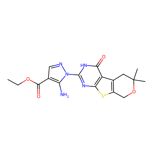 ethyl 5-amino-1-(6,6-dimethyl-4-oxo-4,5,6,8-tetrahydro-3H-pyrano[4',3':4,5]thieno[2,3-d]pyrimidin-2-yl)-1H-pyrazole-4-carboxylate structure