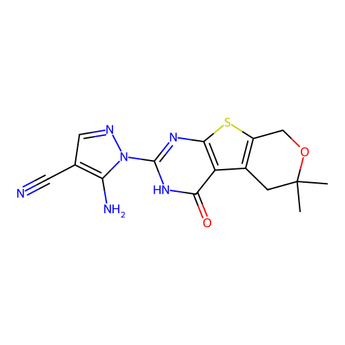 5-amino-1-(6,6-dimethyl-4-oxo-4,5,6,8-tetrahydro-3H-pyrano[4',3':4,5]thieno[2,3-d]pyrimidin-2-yl)-1H-pyrazole-4-carbonitrile structure