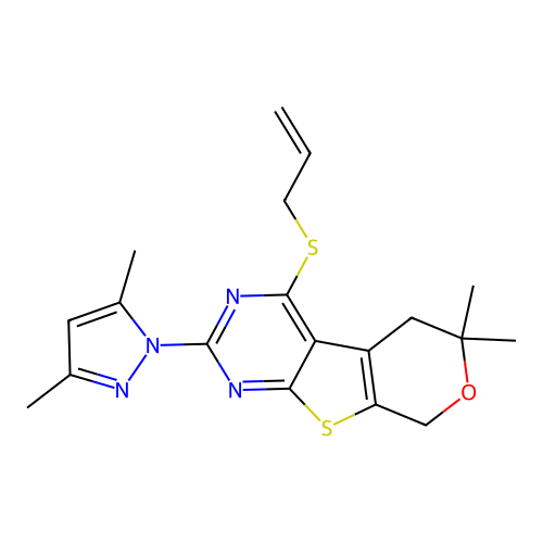 2-(3,5-dimethyl-1H-pyrazol-1-yl)-6,6-dimethyl-4-(prop-2-en-1-ylsulfanyl)-5,8-dihydro-6H-pyrano[4',3':4,5]thieno[2,3-d]pyrimidine structure