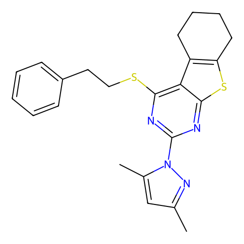 2-(3,5-dimethyl-1H-pyrazol-1-yl)-4-(phenethylthio)-5,6,7,8-tetrahydrobenzo[4,5]thieno[2,3-d]pyrimidine structure