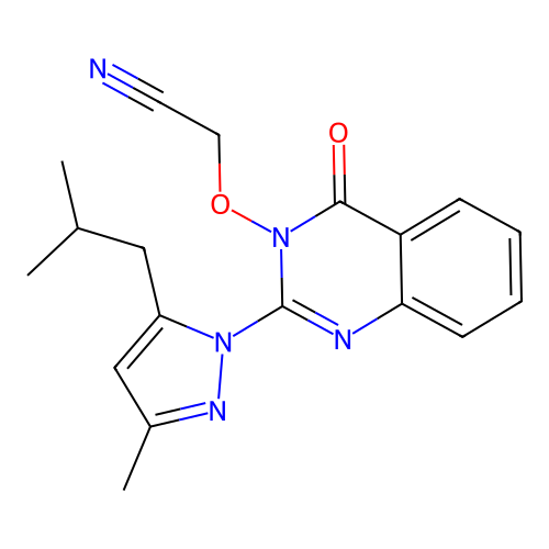 2-((2-(5-isobutyl-3-methyl-1H-pyrazol-1-yl)-4-oxoquinazolin-3(4H)-yl)oxy)acetonitrile structure
