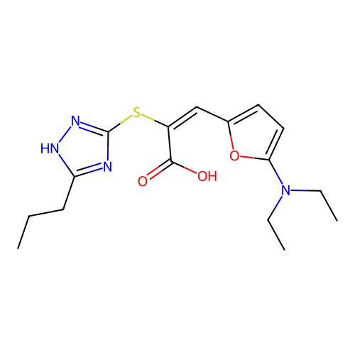 (E)-3-(5-diethylamino-2-furyl)-2-[(5-propyl-1H-1,2,4-triazol-3-yl)sulfanyl]prop-2-enoic Acid structure