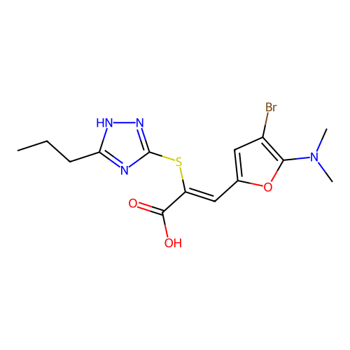 (Z)-3-[4-bromo-5-(dimethylamino)furan-2-yl]-2-[(5-propyl-1H-1,2,4-triazol-3-yl)sulfanyl]prop-2-enoic acid structure