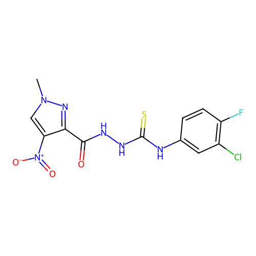 1-(3-chloro-4-fluorophenyl)-3-[(1-methyl-4-nitropyrazole-3-carbonyl)amino]thiourea structure