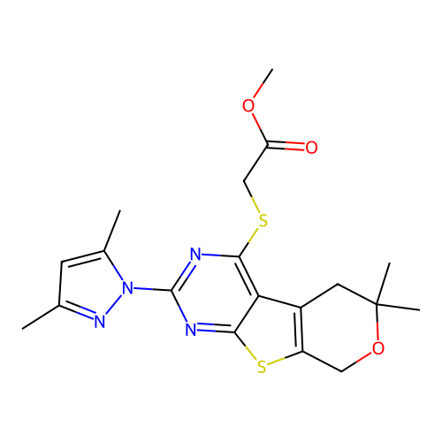 methyl {[2-(3,5-dimethyl-1H-pyrazol-1-yl)-6,6-dimethyl-5,8-dihydro-6H-pyrano[4',3':4,5]thieno[2,3-d]pyrimidin-4-yl]sulfanyl}acetate structure