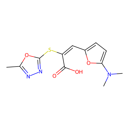 (E)-3-(5-dimethylamino-2-furyl)-2-[(5-methyl-1,3,4-oxadiazol-2-yl)sulfanyl]prop-2-enoic Acid structure