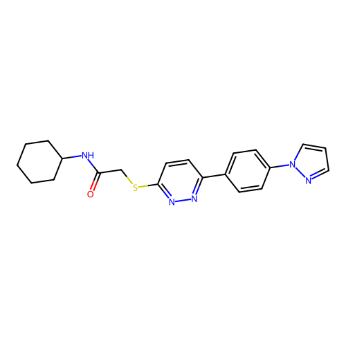 N-cyclohexyl-2-[6-(4-pyrazol-1-ylphenyl)pyridazin-3-yl]sulfanylacetamide structure