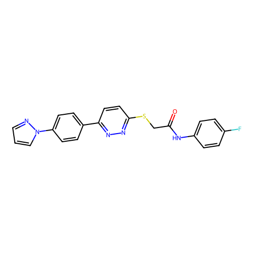 N-(4-fluorophenyl)-2-[6-(4-pyrazol-1-ylphenyl)pyridazin-3-yl]sulfanylacetamide structure