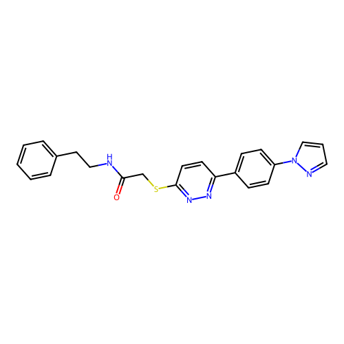 2-((6-(4-(1H-pyrazol-1-yl)phenyl)pyridazin-3-yl)thio)-N-phenethylacetamide structure