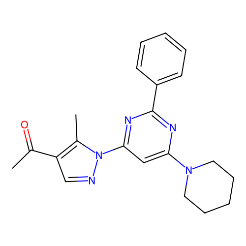 1-(5-methyl-1-(2-phenyl-6-(piperidin-1-yl)pyrimidin-4-yl)-1H-pyrazol-4-yl)ethanone structure