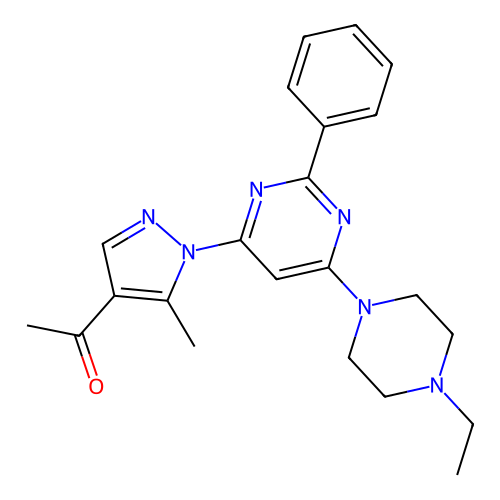 1-[1-[6-(4-ethylpiperazin-1-yl)-2-phenyl-pyrimidin-4-yl]-5-methyl-pyrazol-4-yl]ethanone structure