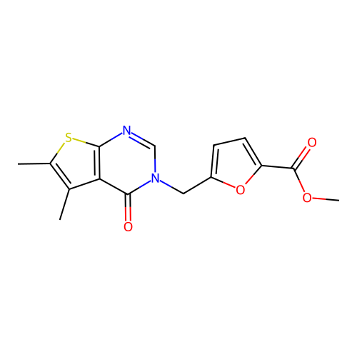 methyl 5-((5,6-dimethyl-4-oxothieno[2,3-d]pyrimidin-3(4H)-yl)methyl)furan-2-carboxylate structure