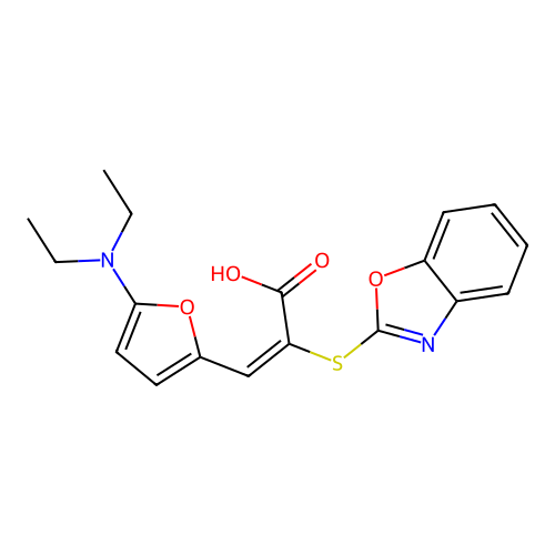 (E)-2-(1,3-benzoxazol-2-ylsulfanyl)-3-[5-(diethylamino)furan-2-yl]prop-2-enoic acid structure