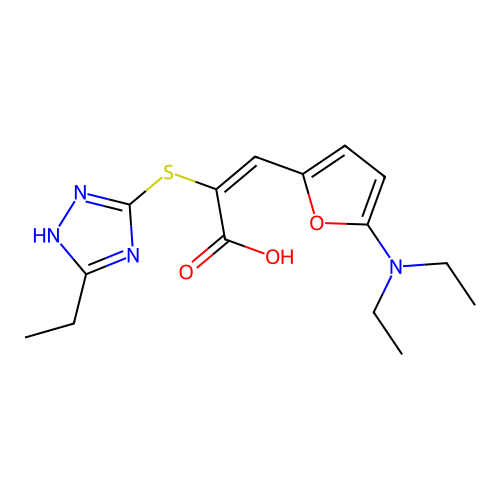 (E)-3-(5-diethylamino-2-furyl)-2-[(5-ethyl-1H-1,2,4-triazol-3-yl)sulfanyl]prop-2-enoic Acid structure