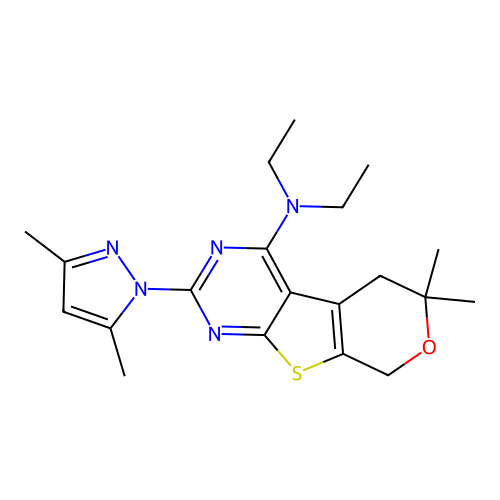 2-(3,5-dimethyl-1H-pyrazol-1-yl)-N,N-diethyl-6,6-dimethyl-5,8-dihydro-6H-pyrano[4',3':4,5]thieno[2,3-d]pyrimidin-4-amine structure
