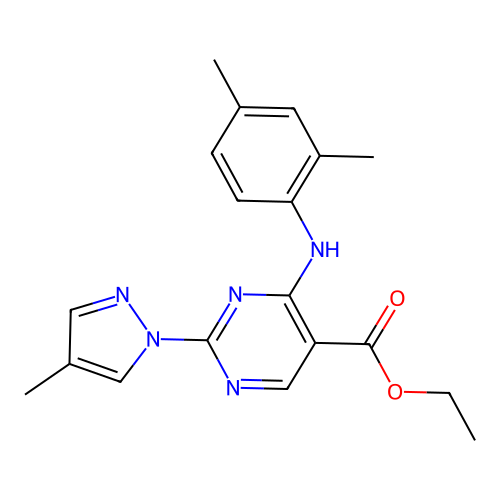 ethyl 4-((2,4-dimethylphenyl)amino)-2-(4-methyl-1H-pyrazol-1-yl)pyrimidine-5-carboxylate structure