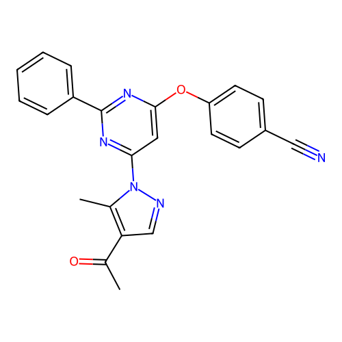 4-((6-(4-acetyl-5-methyl-1H-pyrazol-1-yl)-2-phenylpyrimidin-4-yl)oxy)benzonitrile structure