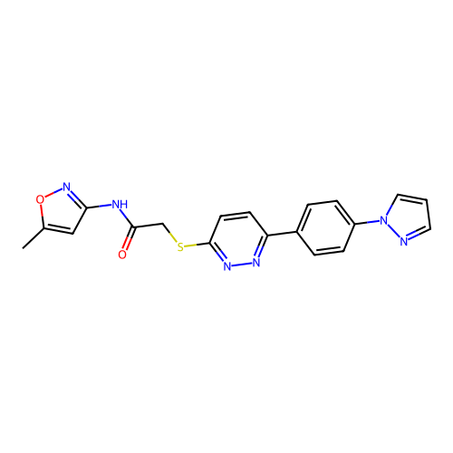 2-((6-(4-(1H-pyrazol-1-yl)phenyl)pyridazin-3-yl)thio)-N-(5-methylisoxazol-3-yl)acetamide structure
