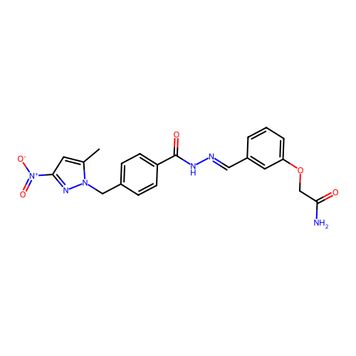 (E)-2-(3-((2-(4-((5-methyl-3-nitro-1H-pyrazol-1-yl)methyl)benzoyl)hydrazono)methyl)phenoxy)acetamide structure