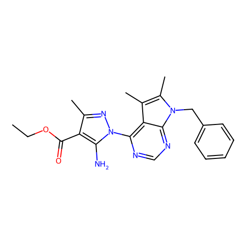 ethyl 5-amino-1-(7-benzyl-5,6-dimethyl-7H-pyrrolo[2,3-d]pyrimidin-4-yl)-3-methyl-1H-pyrazole-4-carboxylate structure