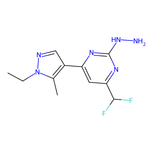 4-(difluoromethyl)-6-(1-ethyl-5-methyl-1H-pyrazol-4-yl)-2-hydrazinylpyrimidine structure