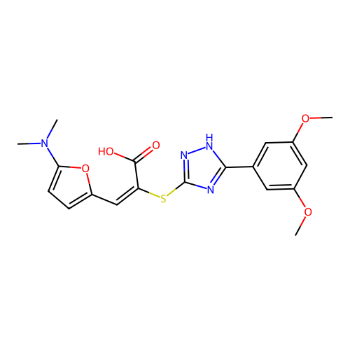 (E)-2-[[5-(3,5-dimethoxyphenyl)-1H-1,2,4-triazol-3-yl]sulfanyl]-3-[5-(dimethylamino)furan-2-yl]prop-2-enoic acid structure
