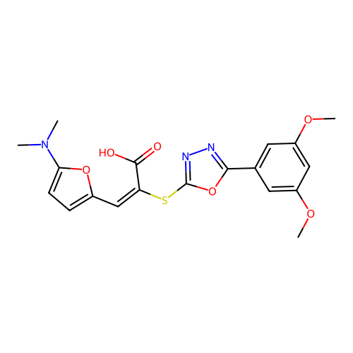 (E)-2-[[5-(3,5-dimethoxyphenyl)-1,3,4-oxadiazol-2-yl]sulfanyl]-3-[5-(dimethylamino)furan-2-yl]prop-2-enoic acid structure