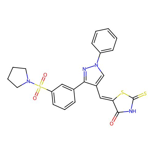 (5Z)-5-({1-phenyl-3-[3-(pyrrolidin-1-ylsulfonyl)phenyl]-1H-pyrazol-4-yl}methylidene)-2-sulfanyl-1,3-thiazol-4(5H)-one structure