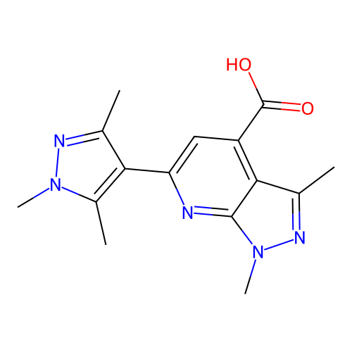 1,3-dimethyl-6-(1,3,5-trimethyl-1H-pyrazol-4-yl)-1H-pyrazolo[3,4-b]pyridine-4-carboxylic acid structure