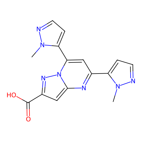 5,7-bis(1-methyl-1H-pyrazol-5-yl)pyrazolo[1,5-a]pyrimidine-2-carboxylic acid structure
