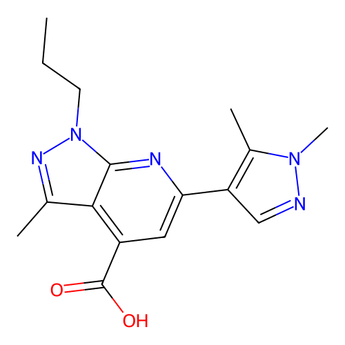 6-(1,5-dimethyl-1H-pyrazol-4-yl)-3-methyl-1-propyl-1H-pyrazolo[3,4-b]pyridine-4-carboxylic acid structure