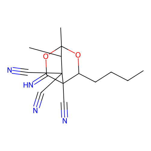 3-Butyl-5-imino-1,7-dimethyl-2,6-dioxabicyclo[2.2.2]octane-4,8,8-tricarbonitrile structure