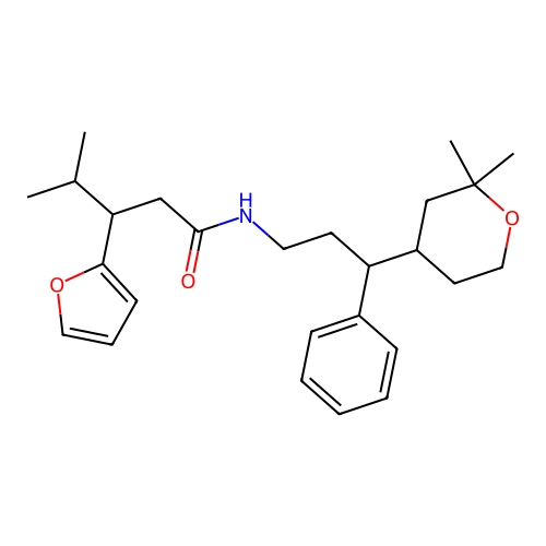 N-[3-(2,2-dimethyloxan-4-yl)-3-phenylpropyl]-3-(furan-2-yl)-4-methylpentanamide structure