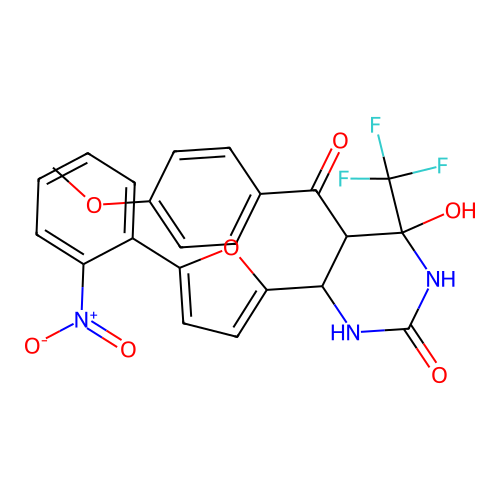 4-hydroxy-5-[(4-methoxyphenyl)carbonyl]-6-[5-(2-nitrophenyl)furan-2-yl]-4-(trifluoromethyl)tetrahydropyrimidin-2(1H)-one structure