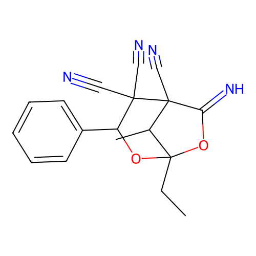 1-ethyl-6-imino-8-methyl-3-phenyl-2,7-dioxabicyclo[3.2.1]octane-4,4,5-tricarbonitrile structure