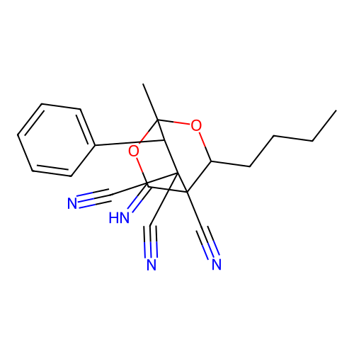 3-butyl-5-imino-1-methyl-7-phenyl-2,6-dioxabicyclo[2.2.2]octane-4,8,8-tricarbonitrile structure