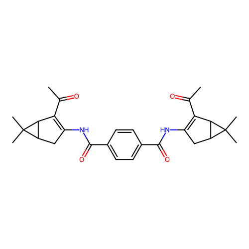 N,N'-Bis-(2-acetyl-6,6-dimethyl-bicyclo[3.1.0]hex-2-en-3-yl)-terephthalamide structure